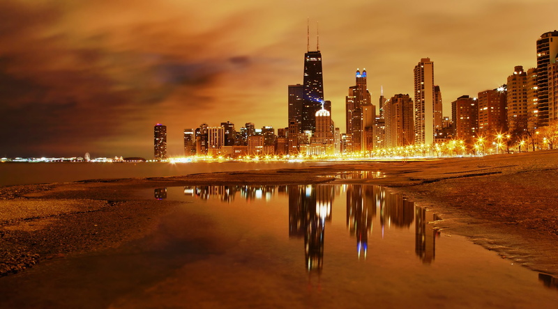 urban skyline, skyscraper, built structure, assorted, cityscape, water, tower, 2K, night, modern, no people, United States/Illinois, financial district