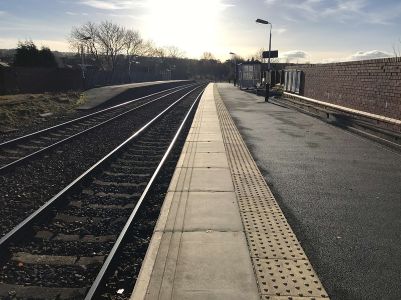 railroad station platform, track, hyde, no people, united kingdom, public transportation, rail transportation, direction, transportation, long, outdoors