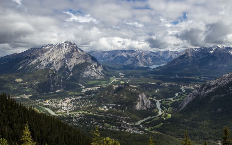 outdoors, snowcapped mountain, mountain peak, cloud - sky, Banff National Park, plant, town, tranquil scene, mountain, beauty in nature, sky, non-urban scene