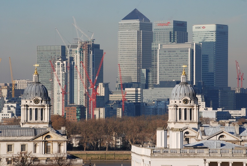 sky, panorama, outdoors, architecture, skyline, city, 4K, office, no people, modern, building, greenwich, cityscape, tower, nature, travel destinations