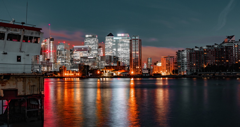 high, boat, building, 5K, modern, illuminated, cityscape, skyscraper, water, built structure, near, rise, sky, port, reflection, financial district, apartment building