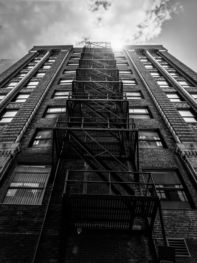staircase, midland lofts, city, 4K, looking up, directly below, residential district, steps and staircases, fire escape, railing, nature, no people, brick