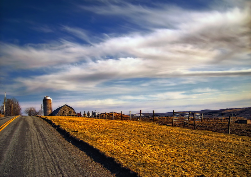 sky, brown building, daytime, building, photo, landscape, Endless Mountains, gray, brown, Pennsylvania, clouds, concrete road, road, field, near, nature