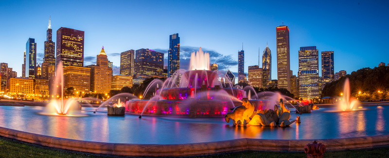 the sky, Chicago, 8K, Buckingham fountain, USA, lights, panorama, fountain, design, home, the evening