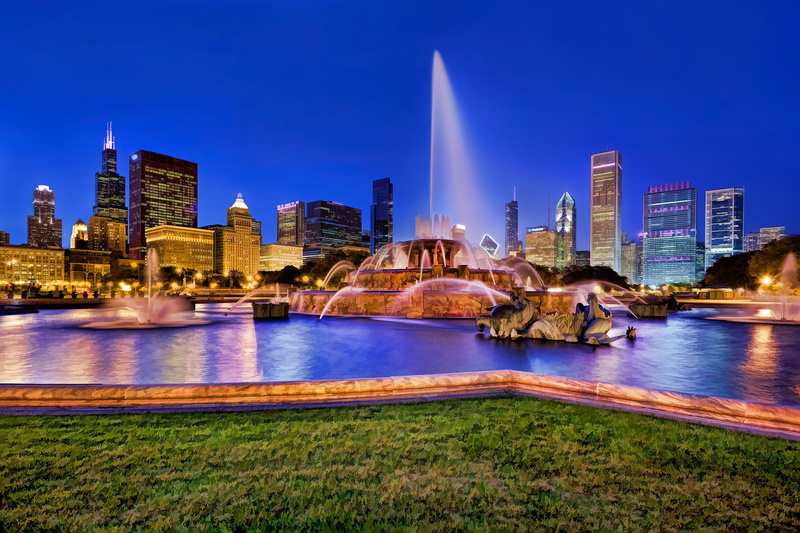 buckingham, fountain, chicago, illuminated, dusk, 2K