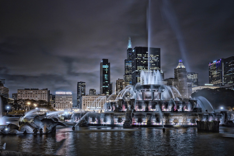 1080P, Buckingham Fountain, fountain, home, building, Illinois, Il, Chicago, night city, skyscrapers