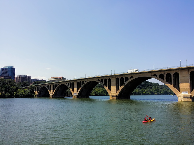 river, potomac river, real people, mode of transportation, rosslyn, bridge, waterfront, outdoors, arch bridge, 4K, built structure, nature, day, sky, viaduct