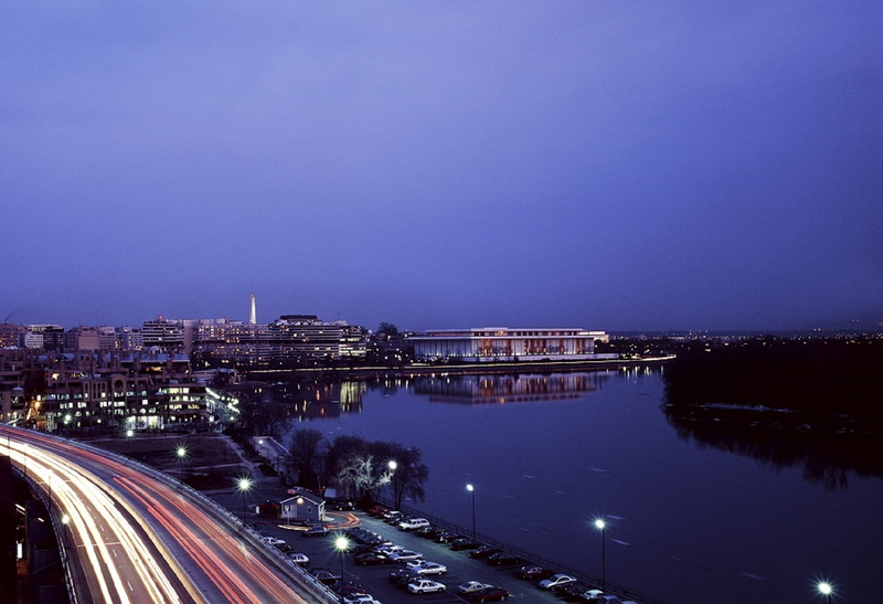 built structure, view, transportation, kennedy center, speed, building exterior, architecture, bridge - man made structure, cityscape, dusk, dc, water
