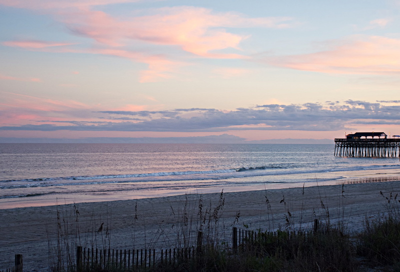 ocean, horizon, sea, beach, sky, architecture, idyllic, pier, scenics - nature, wooden post, nature, sunrise, 4K, no people, myrtle beach, horizon over water