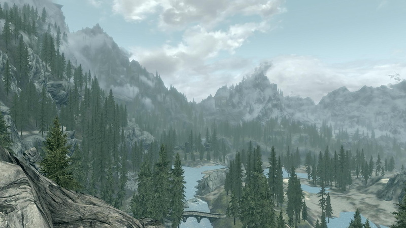 skyrim, trees, view, green, 1080P, nature, pine, landscape, mountains, great, scenery, games