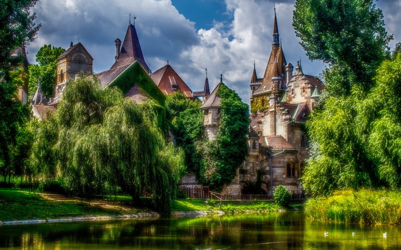 building, waterfront, 1080P, sky, outdoors, Hungary, built structure, spire, reflection, Budapest, nature, lake, day, plant, Castle, water, tree, architecture
