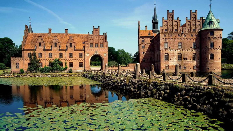 lilies, pond, brown, nature and landscapes, 1080P, demark, wonderful, castle, concrete, stone bridge