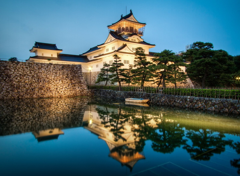 Castle, Twilight, nature, 1080P, Boat, Castles, waterfront, travel destinations, sky, Toyama Castle, blue, outdoors, Reflection, plant, Japan, water, history