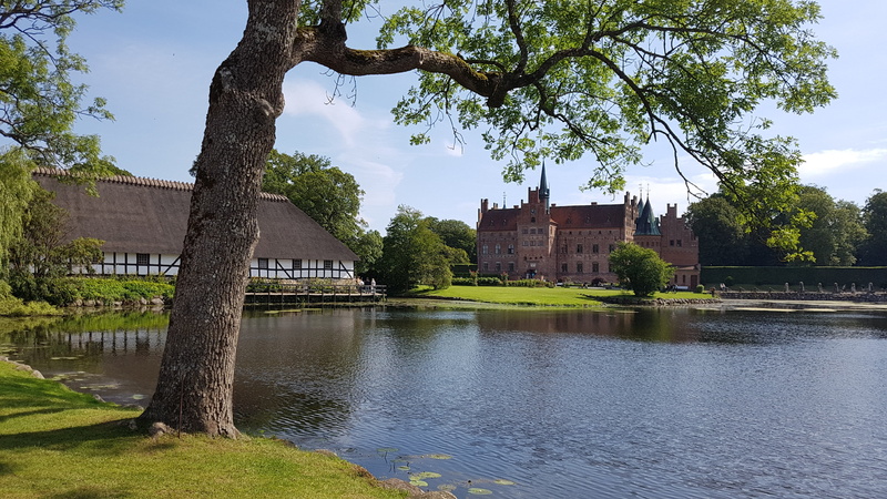 built structure, no people, sky, water castle, water, 4K, lake, outdoors, plant, day, tree, architecture, pond, building exterior, denmark, egeskov castle