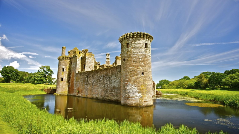 pond, castle, grass, scotl, 1080P, caerlaverock, ancient, nature and landscapes