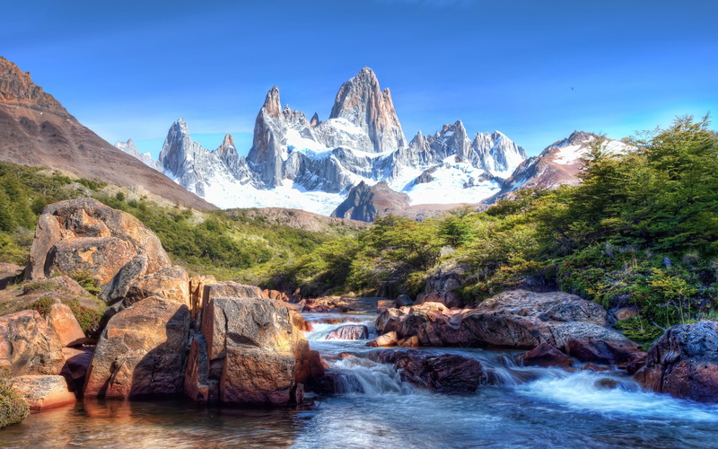 mountains, 2K, tops, stream, wood, sky, river, midday, brightly