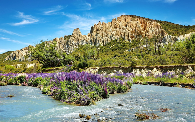 nature, blue, vegetation, purple, non-urban scene, rock formation, plant, scenics - nature, summer, tree, tranquility, tourism, mountains, petaled, rock