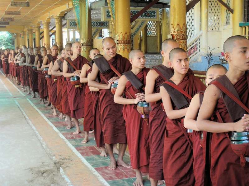 luncheon, group of people, women, childhood, teenager, buddhism, lunch, boys, 2K, myanmar, architecture, monks, place of worship, sitting, built structure