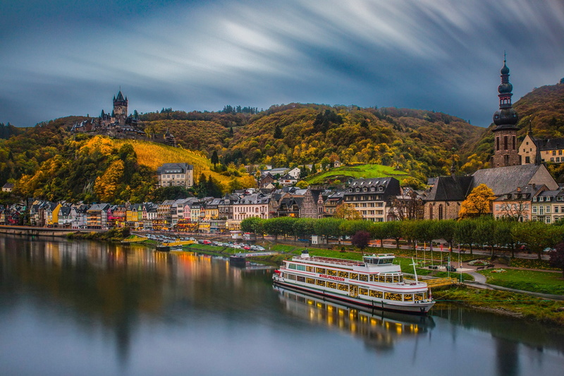 autumn, mountains, 1080P, Germany, pond, the city, ship, shore, castle, Cochem, architecture