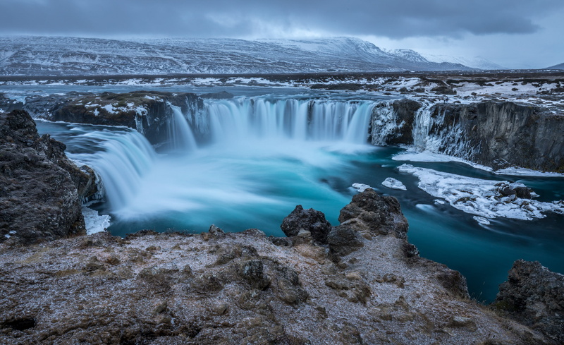 winter, no people, spectacular, godafoss, 2K, cloud - sky, ice, cold temperature, cloudy, motion, river, nature, travel destinations, waterfall, long exposure