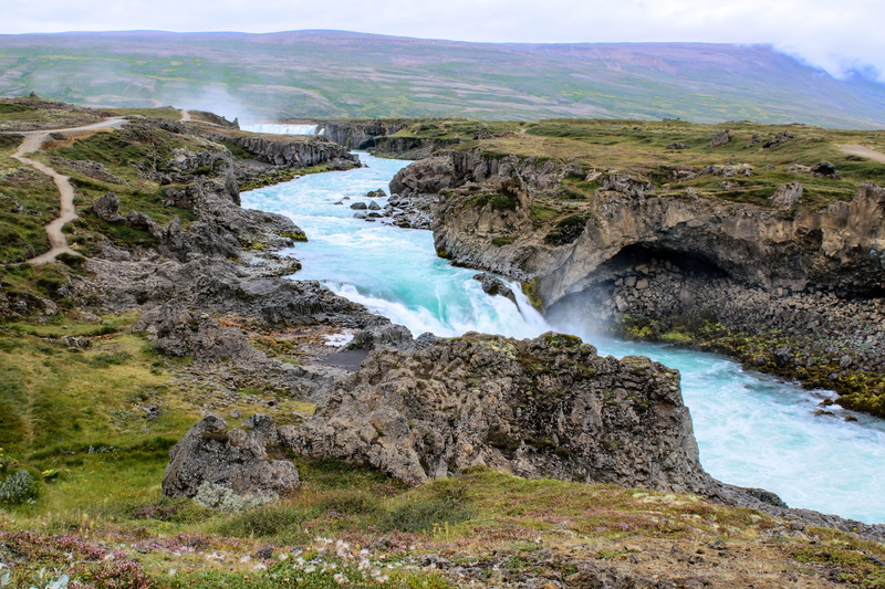 rock, flowing water, beauty in nature, plant, landscape, nature, water, blue, scenics - nature, tranquil scene, flow, godafoss, motion, 4K, holiday, no people