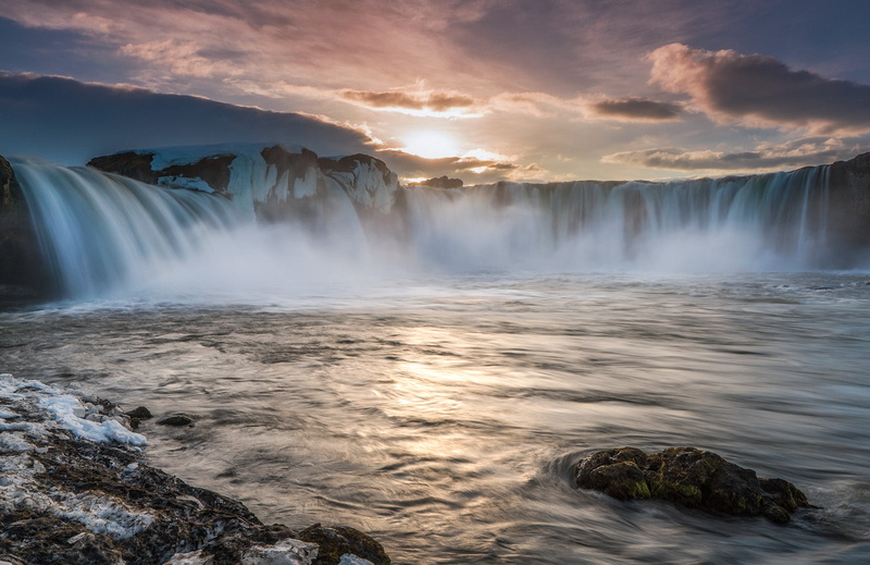 photography, landscape, beauty In Nature, nature, waterfall, 1080P, river, scenics, water, sunset, Godafoss, fall, falling, sunrise, outdoors, Iceland