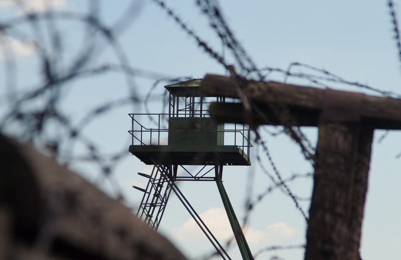 barbed wire, tower, sky, clear sky, safety, built structure, wire, iron curtain, selective focus, no people, protection, bare tree, low angle view, focus on foreground