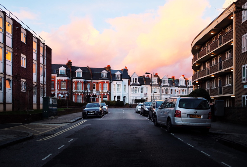 victorian, orange, cars, building exterior, transportation, united kingdom, cloud - sky, 4K, colorful, road, direction, sunset, blue, architecture, car
