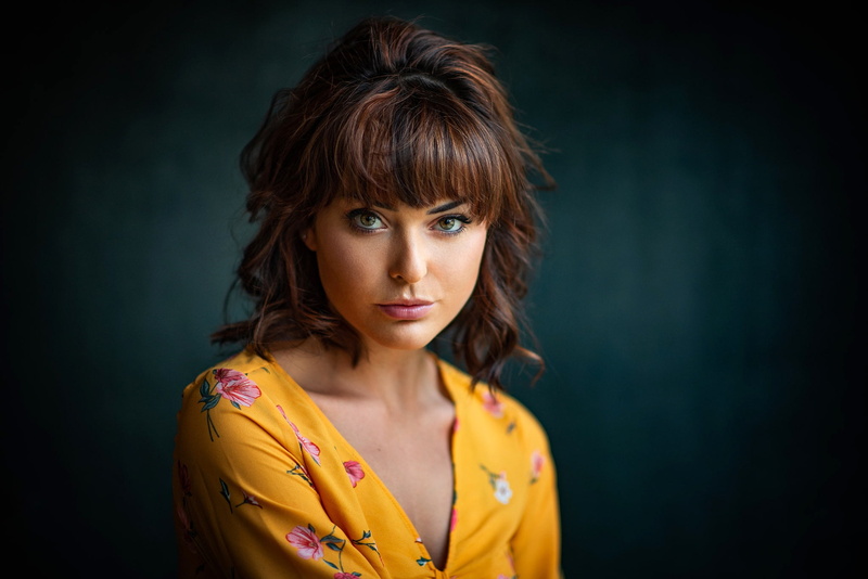 brown hair, model, beauty, makeup, background, Yana, portrait, Michel Keppens, look, dress, 1080P, in yellow, posing, bokeh, hairstyle