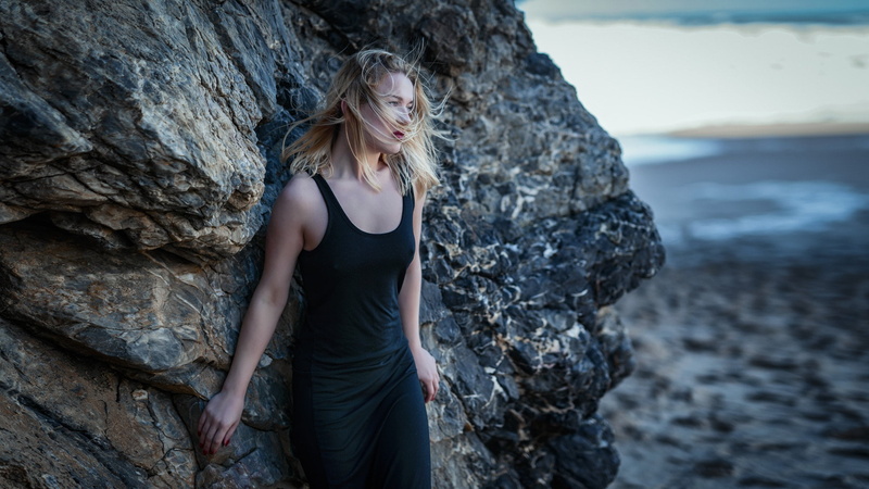 Yana, hair, Pedro Courelas, the wind, shore, 1080P, girl, rock, sea, nature, pose