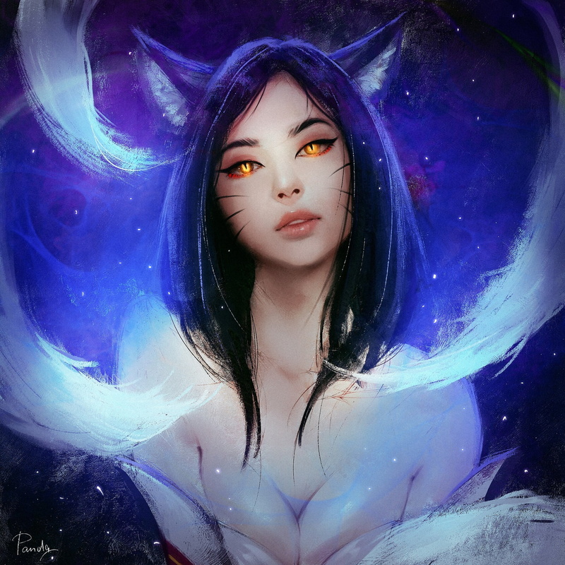 yellow eyes, artwork, digital art, Yana Panda, cleavage, open mouth, Ahri (League of Legends), Ahri, video game girls, 1080P, animal eyes, ArtStation