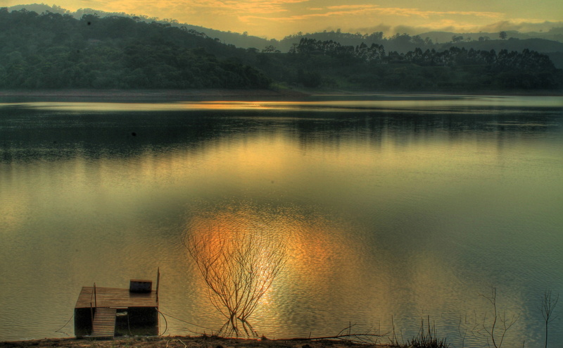 built structure, tranquility, dock, Landscape, orange color, brown, plant, beauty in nature, Nature, laguna, cloud - sky, tree, lake, boat, sunrise, non-urban scene