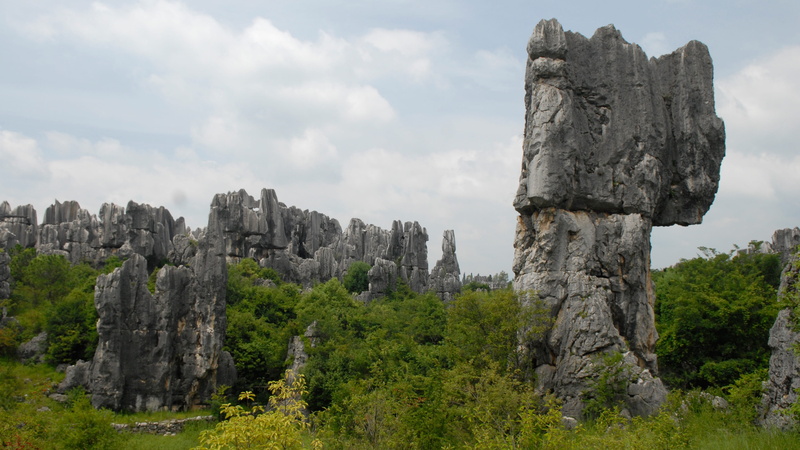 travel destinations, tree, tranquil scene, solid, beauty in nature, rock, landscape, kunming, no people, geology, stone forest, day, sky, plant, non-urban scene
