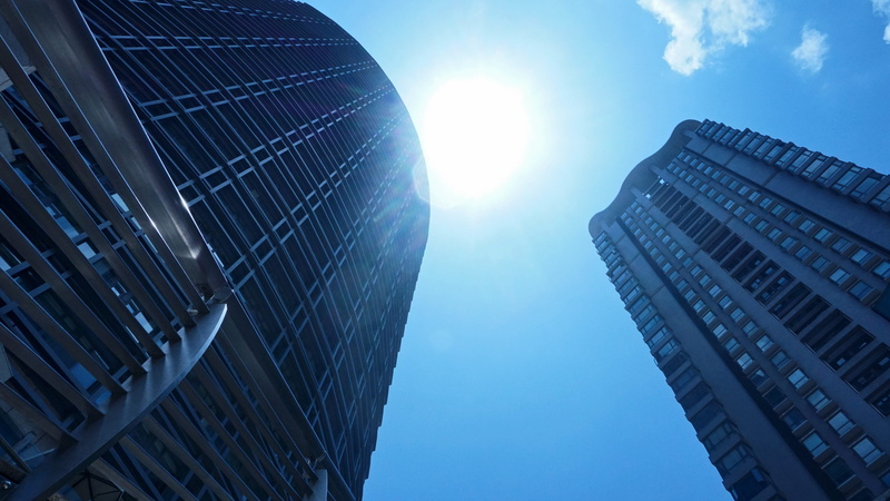sky, lines, skyscraper, china, looking up, city, nature, blue, alloy, lens flare, building, tall - high, kunming, bright, down up, shopping, buidling, office building exterior