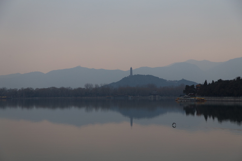 mountain, idyllic, waters, nature, tranquil scene, mountain range, scenics - nature, sunset, the summer palace, lake, reflection, tree, 5K, copy space