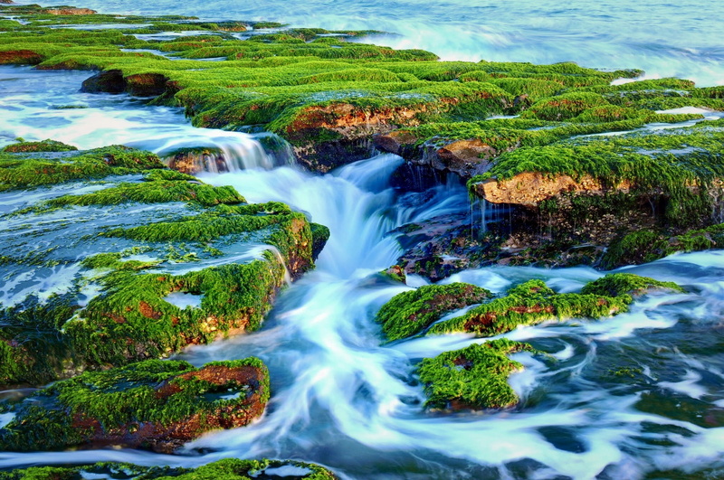 outdoors, waterfall, sunrise, sea water, tourism, old stone trough, grass, 1080P, growth, flowing, stream - flowing water, beauty in nature, rock, water