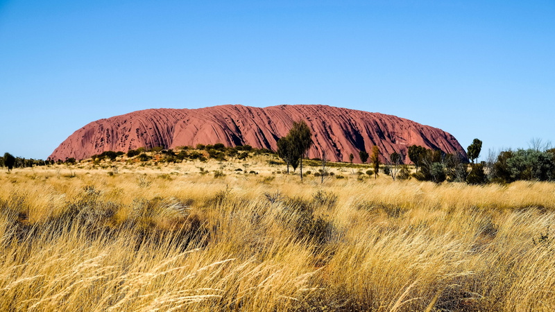 northern territory, geology, outdoors, day, landmark, clear sky, outback, grass, field, desert, non-urban scene, scenics - nature, ayers rock, sky, tranquil scene