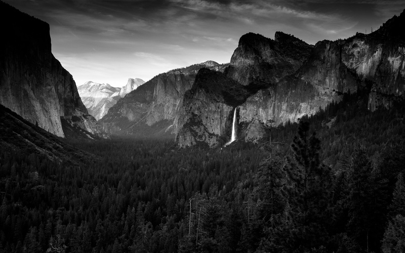 yosemite, stone, hd, bw, nature, cliff, rock, 2K, landscape, trees, forest, mountain