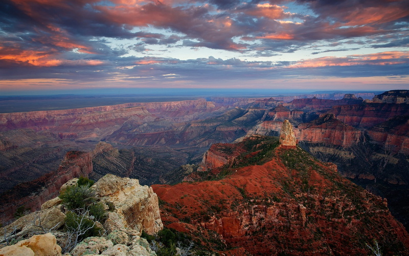 Clouds, brown, Arizona, Canyon, USA, Rock, Dusk, formations, Grand, 1080P, Cliff, stone, Sky