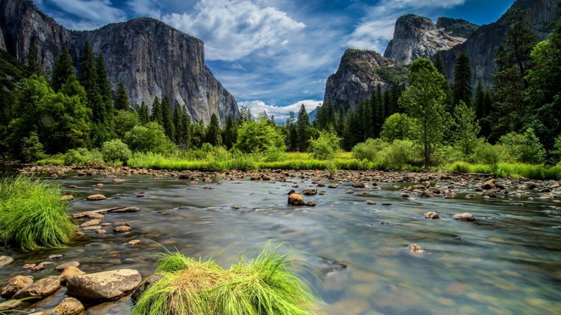 720P, nature, grass, landscape, trees, cliffs, mountains, stones, river