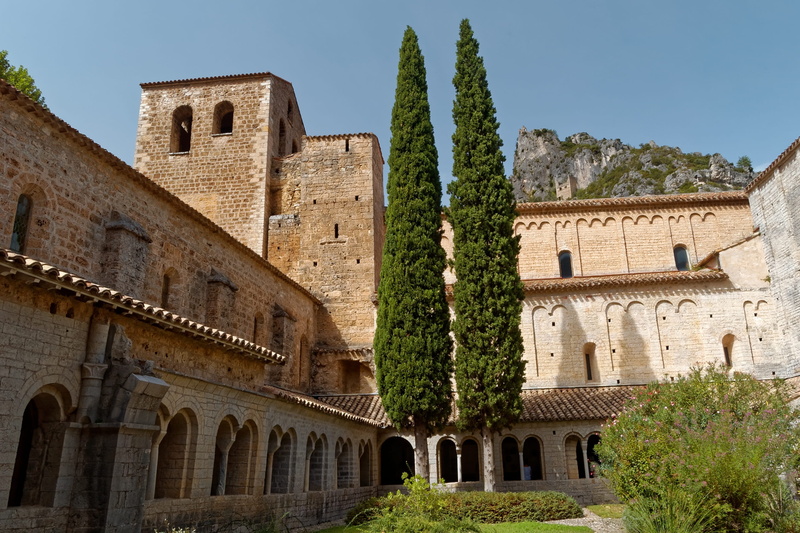 sky, the past, pine, nature, travel, tree, window, day, architecture, building, low angle view, saint-guilhem, old, ancient civilization, plant, no people
