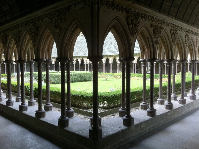 normandy, michelle, no people, outdoors, field, monastery, arcade, architectural column, religion, in a row, abbey, le mont saint michel, courtyard, concrete