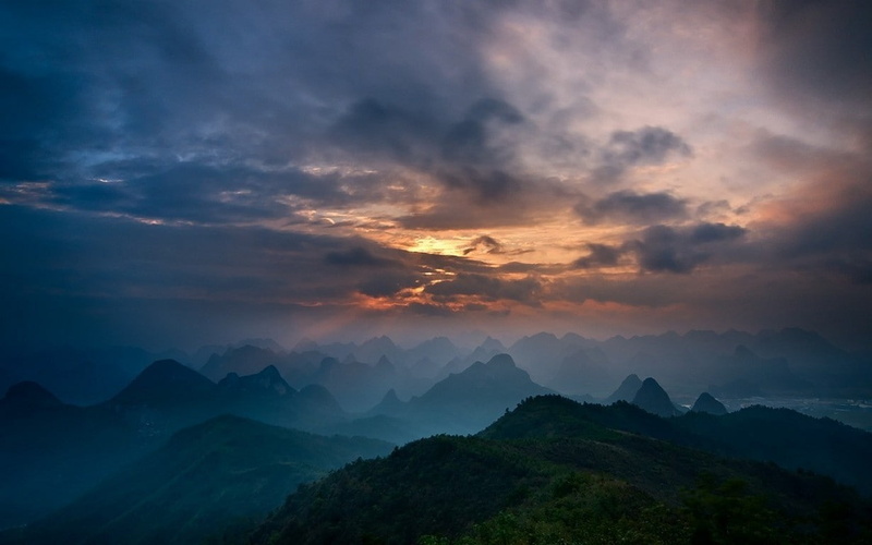 sky, environment, scenics - nature, no people, outdoors, nature sunrise mountain mist guilin china sky clouds landscape forest valley town blue atmosphere