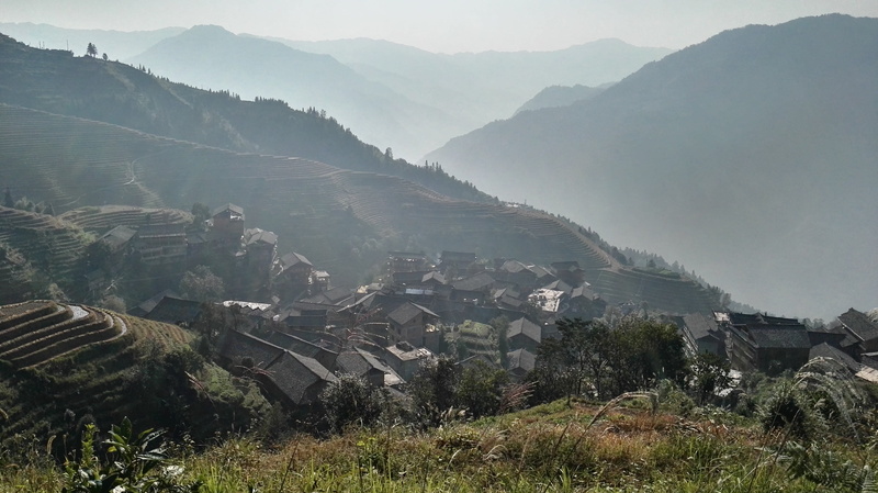 environment, guilin longji ridge, beauty in nature, built structure, mountain range, architecture, tree, building exterior, rural scene, fog, plant, sunrise