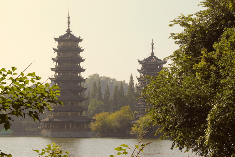 clear sky, lake, growth, belief, nature, 5K, morning, scenery, tree, no people, china, architecture, building exterior, plant, pagoda, spire, religion