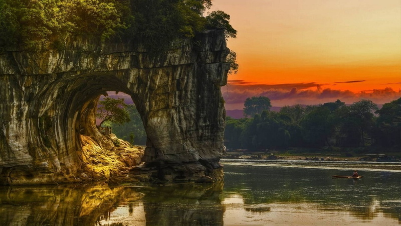 no people, sky, nature landscape lake boat arch trees sunset shrubs rock sky guilin china water reflection, idyllic, reflection, growth, sunset, tranquil scene