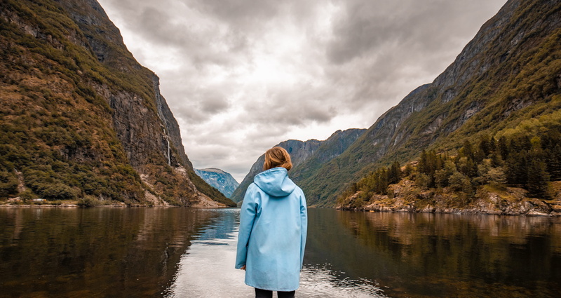 snow, norway, robe, reflection, autumn, landscape, hooded, women, wearing, person, clothing, ice, gown, rear view, facing, lake, looking at view, solitude