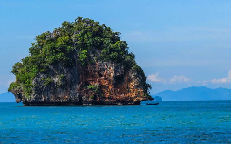 tropical, trees, Thailand, rock, landscape, boat, 2K, nature, limestone, sea