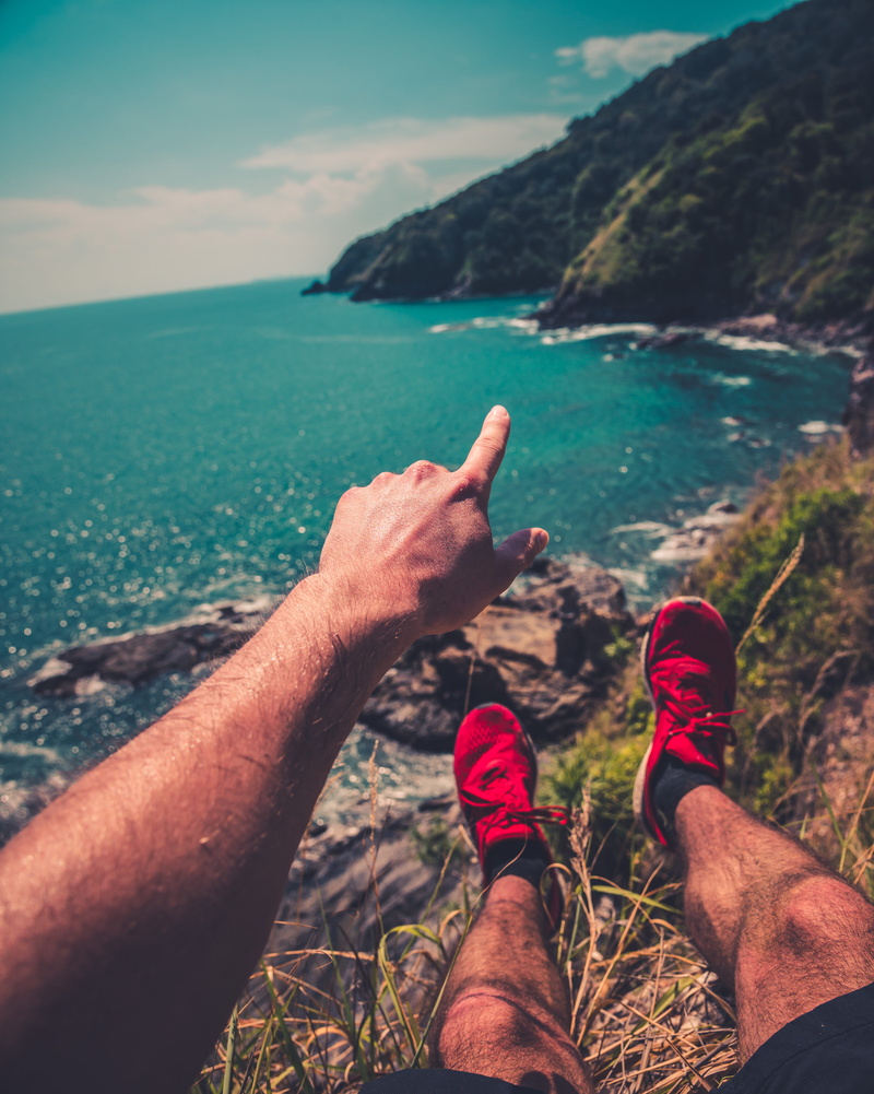 sky, human foot, nature, land, view, people, landscape, human body part, scenics - nature, ko lanta yai, hand, ocean, men, 5K, promontory, pointing, mountain