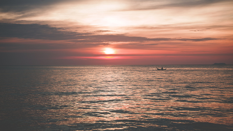 horizon, orange color, ko lanta, tranquil scene, sun, coast, horizon over water, color, water, travel, seascape, alone, cloud - sky, idyllic, thailand